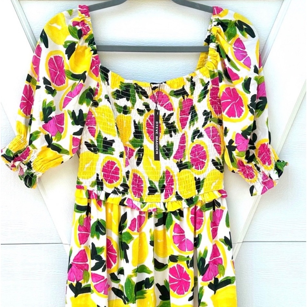 Steve Madden Womens Citrus Fruit Smocked Maxi Dress Yellow Pink Large New